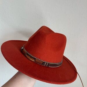 Rust Red Flat Brim Hat with Beaded Band